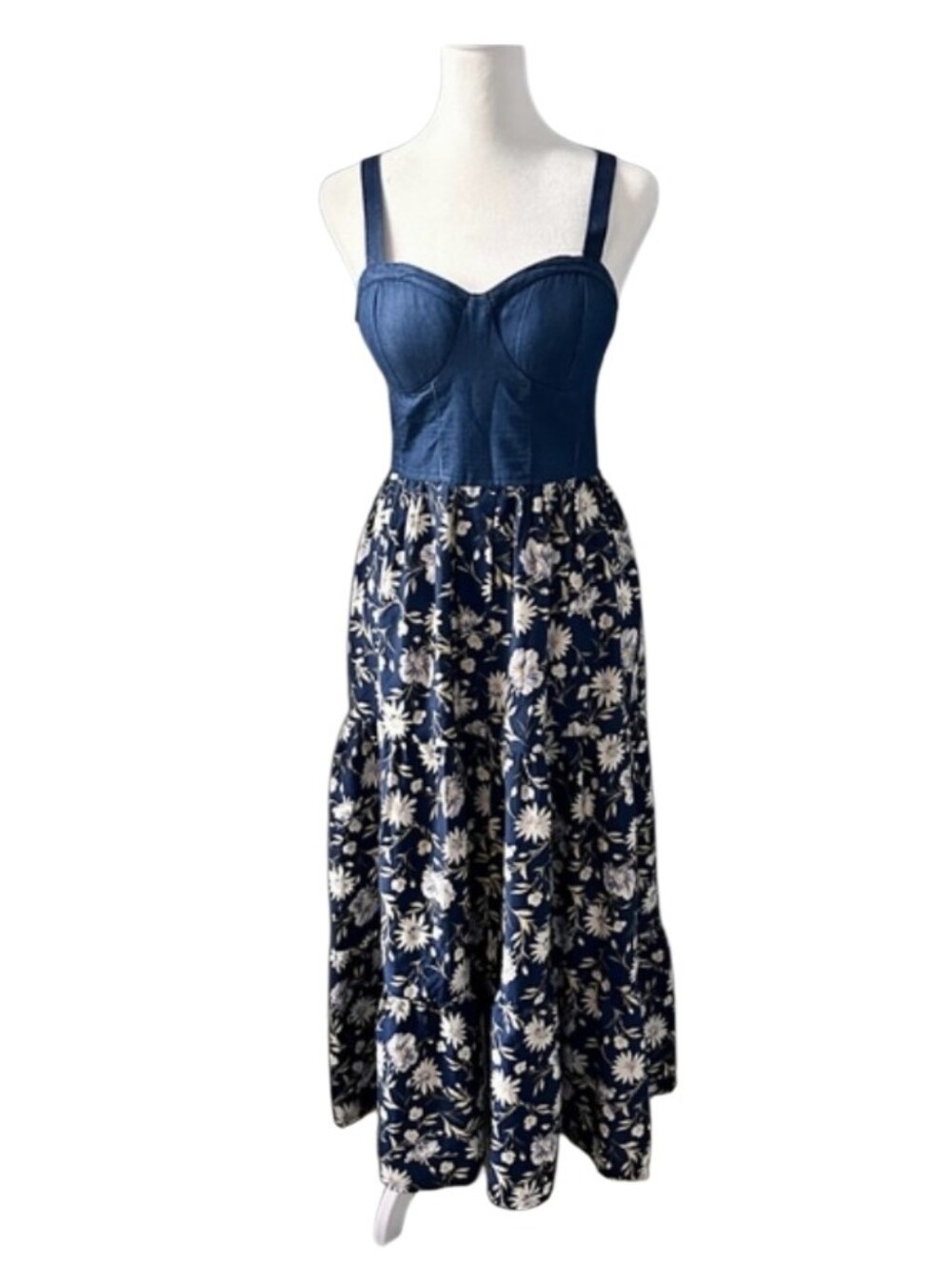 Denim Floral Sleeveless Maxi Sundress Women's Small with Sweetheart Neckline